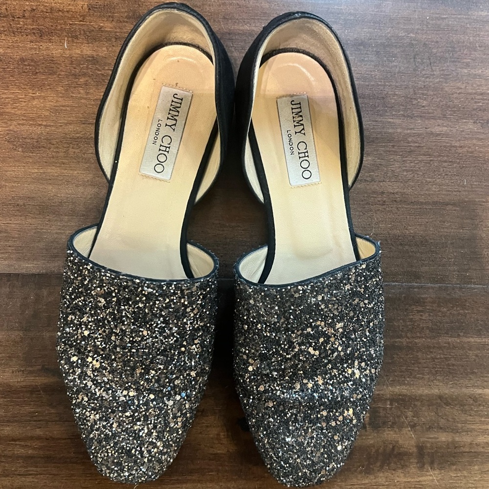Jimmy Choo Black and Gold Glitter Flats